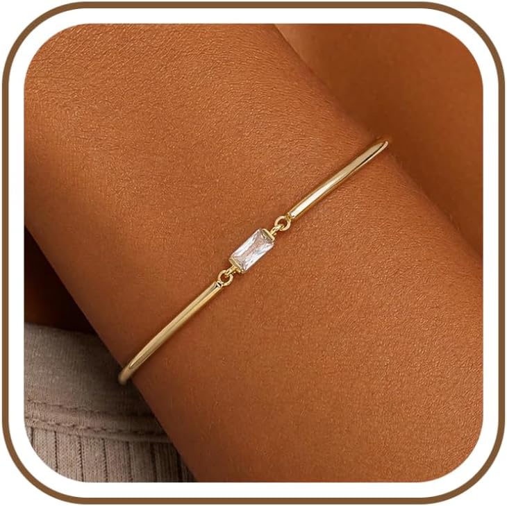 Birthstone Bangle Bracelet for Women Dainty Non Tarnish Bracelets | 14K Gold Plated Bangle, Diamond May Emerald Charm, Waterproof Stackable Jewelry, Personalized Gifts for Friendship Birthday