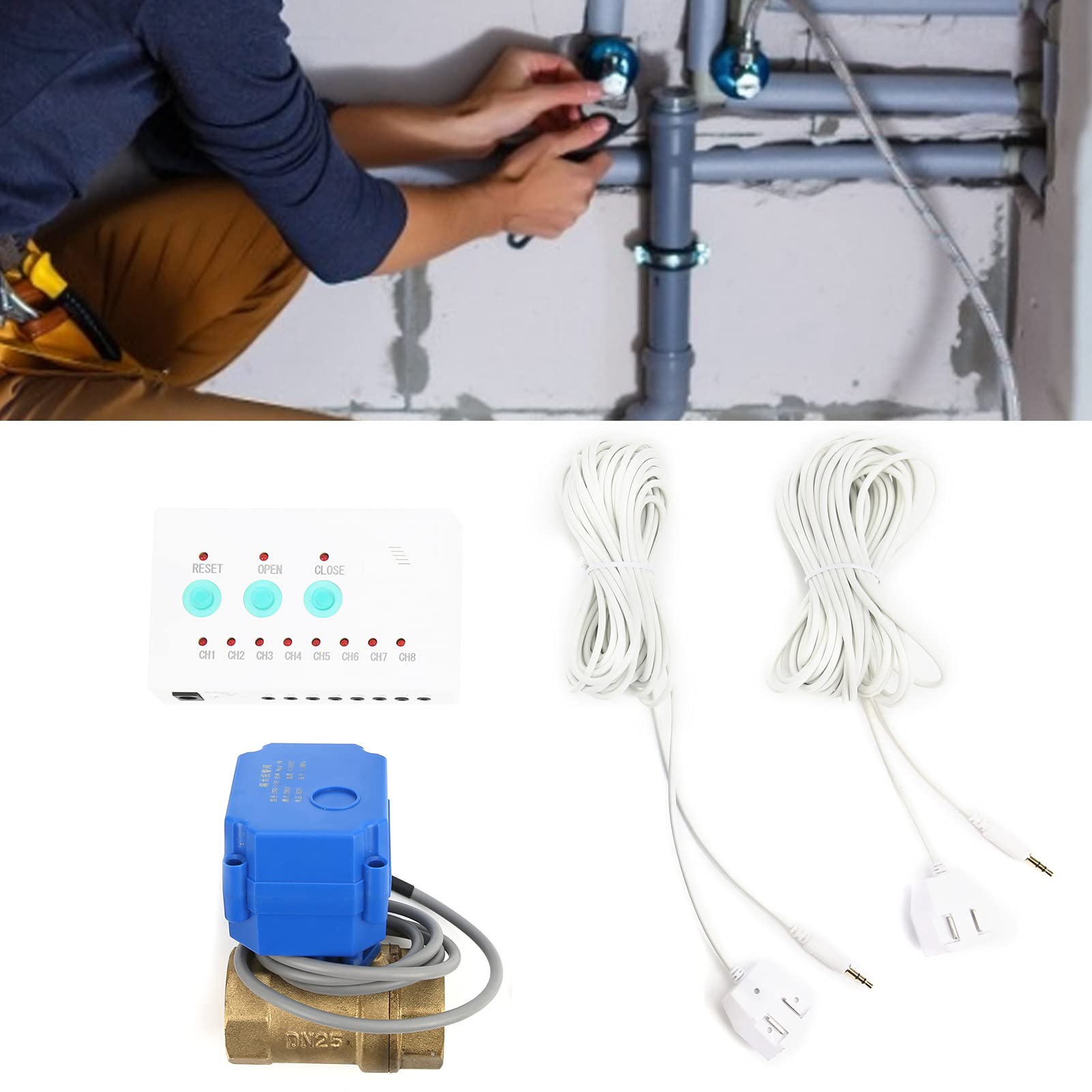 Sensor Detector de Alarma de Fugas de Agua, Sensor de Fugas de Agua con Válvula de Cierre DN25, Detección de Fugas de Alerta de Inundación con Indicador LED de Válvula de