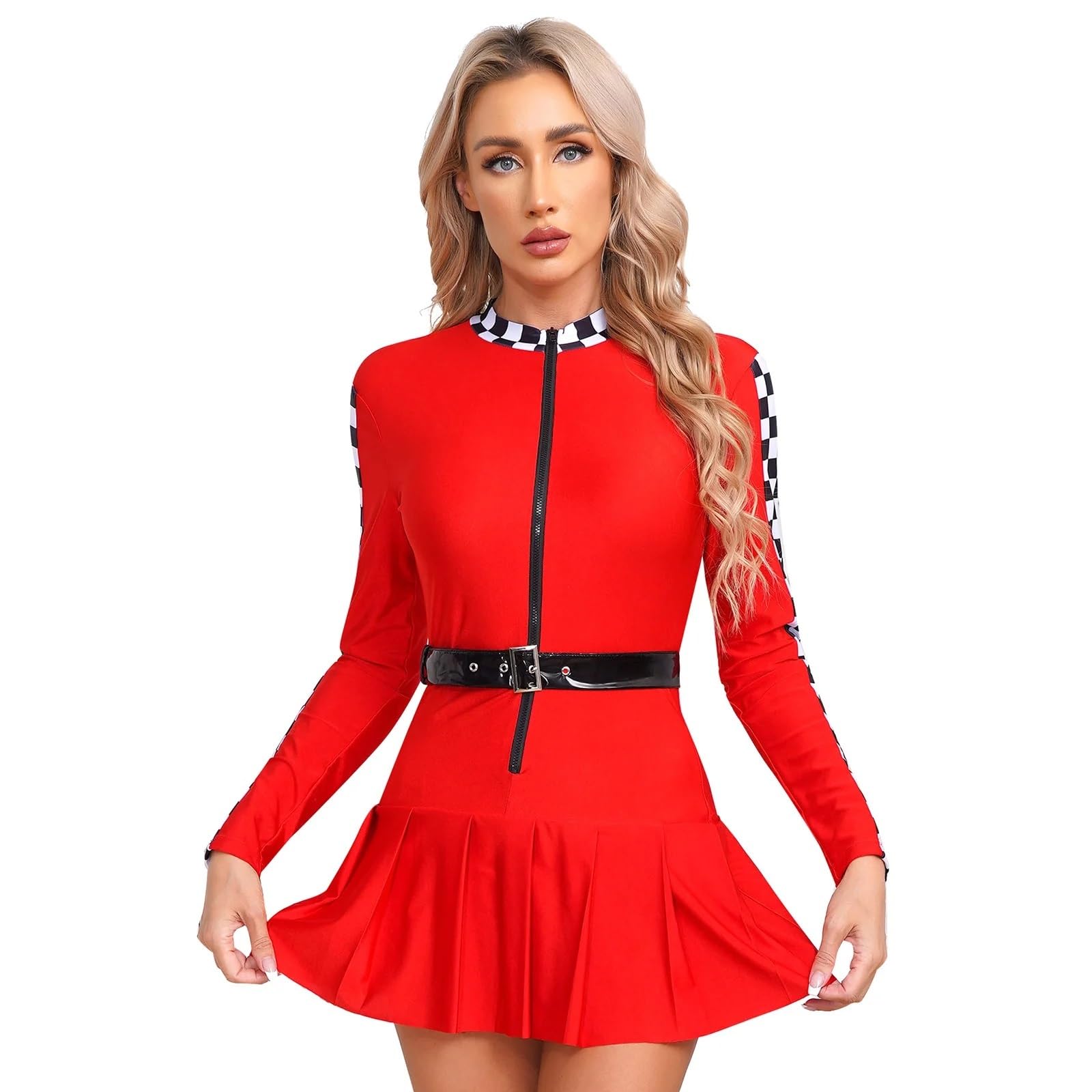 Cheerleader Kostüme Damen Cheerleader-Uniform, Schachbrett-Rennfahrer-Cosplay-Kleid mit Gürtel, langärmliger Reißverschluss vorne, Faltenrock, Rennfahrer-Kleid