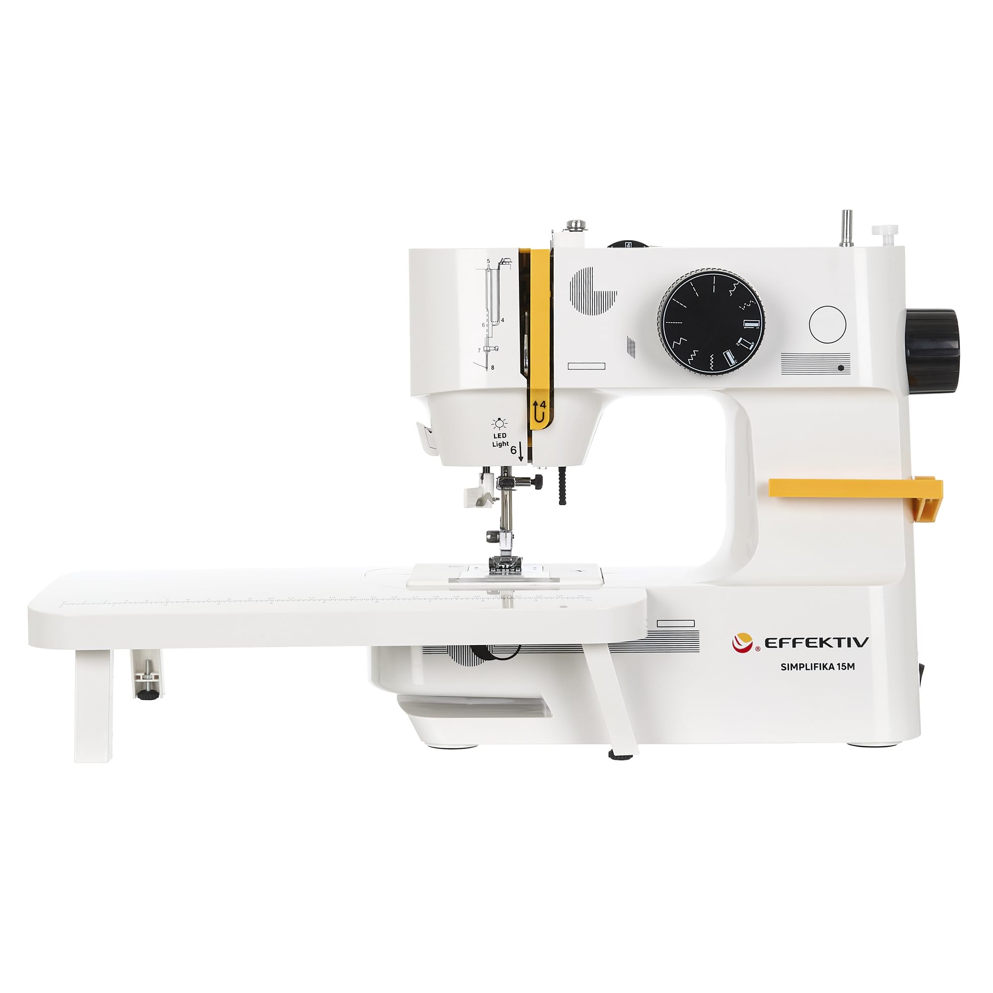 Máquina de Coser Mini Compacta EFFEKTIV 15 Puntadas, 27 × 30 cm, Estructura Metálica, Lanzadera Horizontal, Enhebrador Automático, Para Todo Tipo de Telas, Mesa Extensible