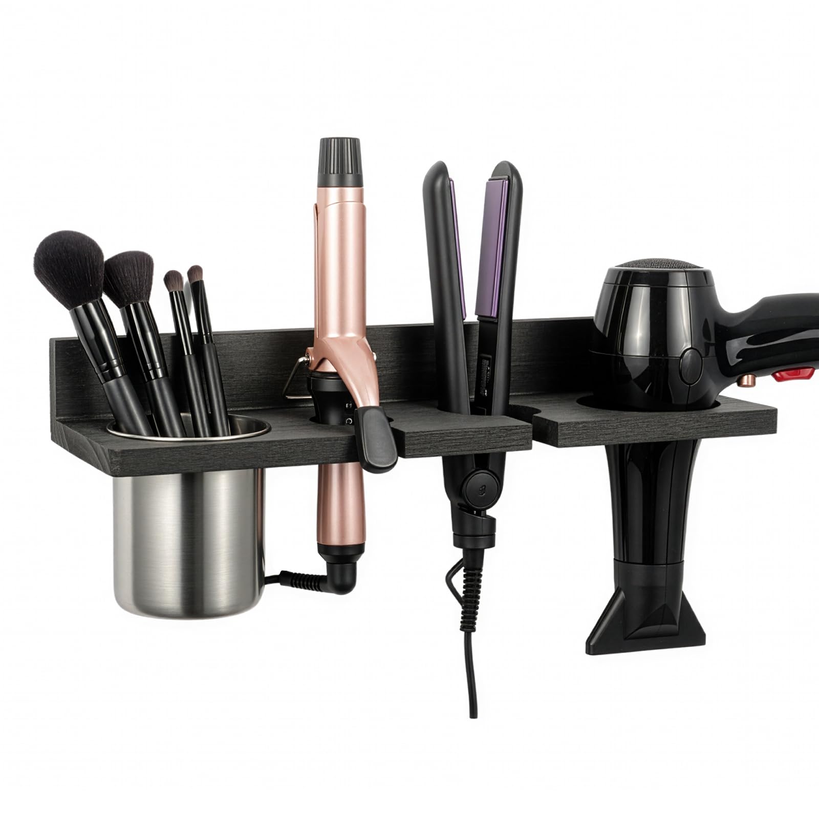 GREENSAPPIRE Wall-Mounted Hair Dryer Holder – Metal Aluminum Storage Station with Cable Organizer & Heat-Resistant Spiral Rack for Hair Straighteners and Styling Tools (Black)