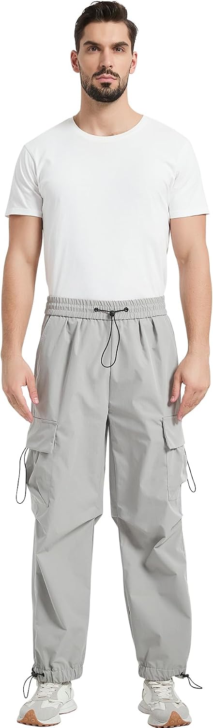 Men's Loose Fit Cargo Pants Fashion Casual Parachute Pant Harem Joggers with Elastic Pockets