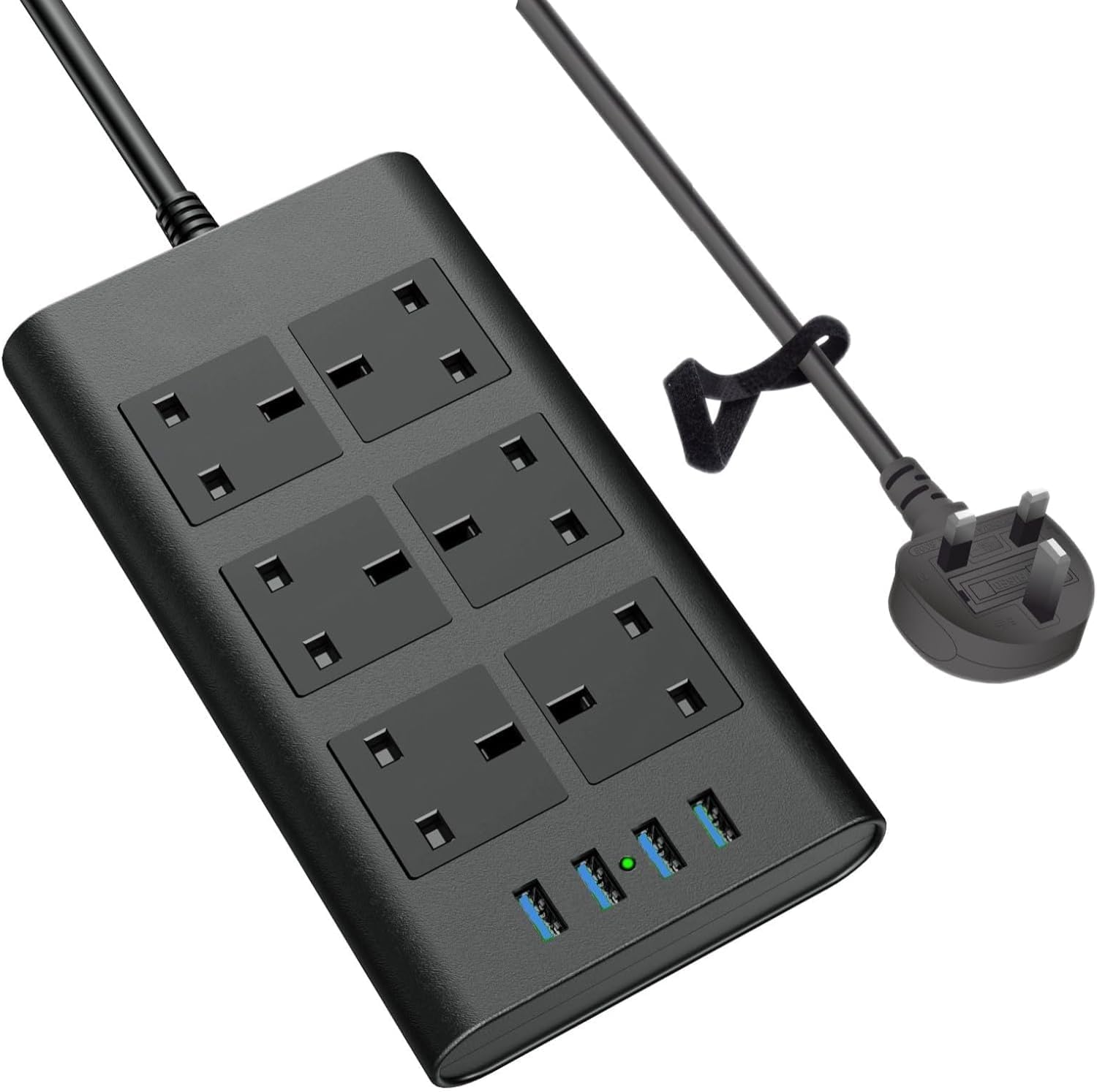 10-In-1 Extension Cord 6 UK-UAE Multi-Plug with 4 USB Ports Charging Station, Surge Protected Power Strip, Flat Design 2-Meter Lead for phone/Tablet/Laptops/Travel/Office/Home