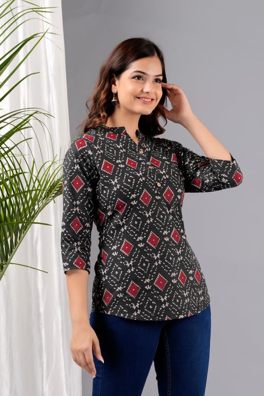 Image of Women's Cotton Printed Kurta Top | 3 /4 Sleeve Straight Kurti Casual Outings