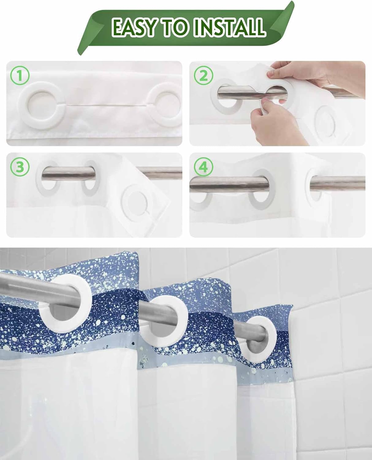 No Hook Shower Curtain with Snap in Liner, Blue Gradient Stripes Dots Waterproof Fabric Bathroom Curtain Mesh Top Window Washable Modern Minimalist Style Shower Curtains 60x72in