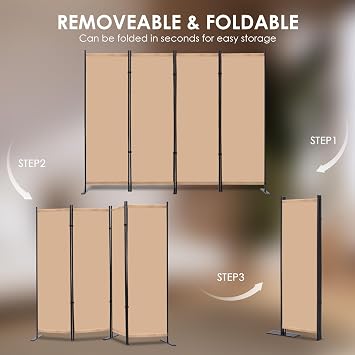 RANTILA 4 Panel Room Divider, 6 FT Folding Privacy Screen with Wide Feet, Freestanding Partition for Room Separation, Portable Room Divider Panel, 89 W x 71 H, Beige