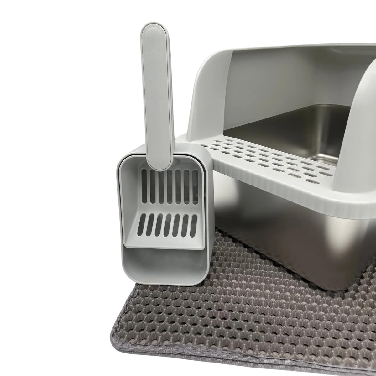 Edelstahl Katzentoilette mit hohem Rand, Katzenklo Offen mit Streu-Auffangmatte & Schaufel, Geruchsneutral & Leicht zu Reinigen, 36x30x51cm Toiletten-Set für Katzen, Hellgrau