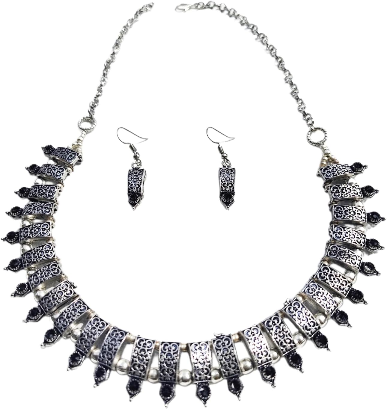 Onyx Stone Tribal Necklace with Earrings - Brass Jewelry Bridesmaid Set, Unique Ethnic Design, Ideal for Weddings, Festivals, & Special Occasions