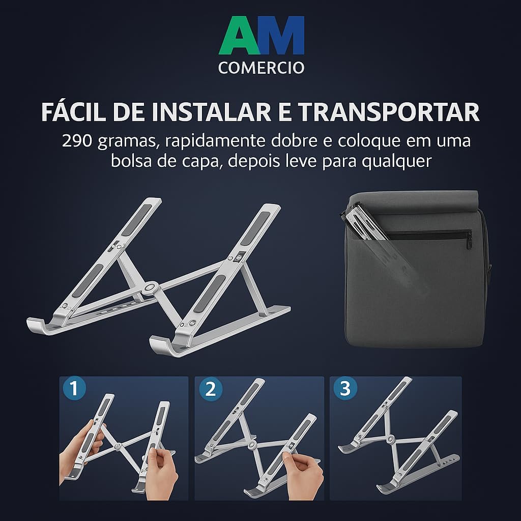 Suporte de Notebook em Alumínio Ajustável e Dobrável — Ergonômico com 6 Ângulos, Compatível com MacBook, HP, Dell, Lenovo e iPad de 10” a 17”