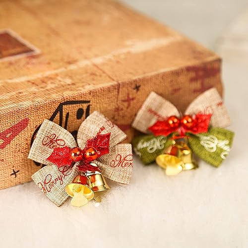 Miniatura 4 de 10 mini lazos de Navidad de 2 pulgadas, coronas de arpillera verde y rojo, lazos pequeños para decoración de árbol de Navidad para bodas, fiestas,