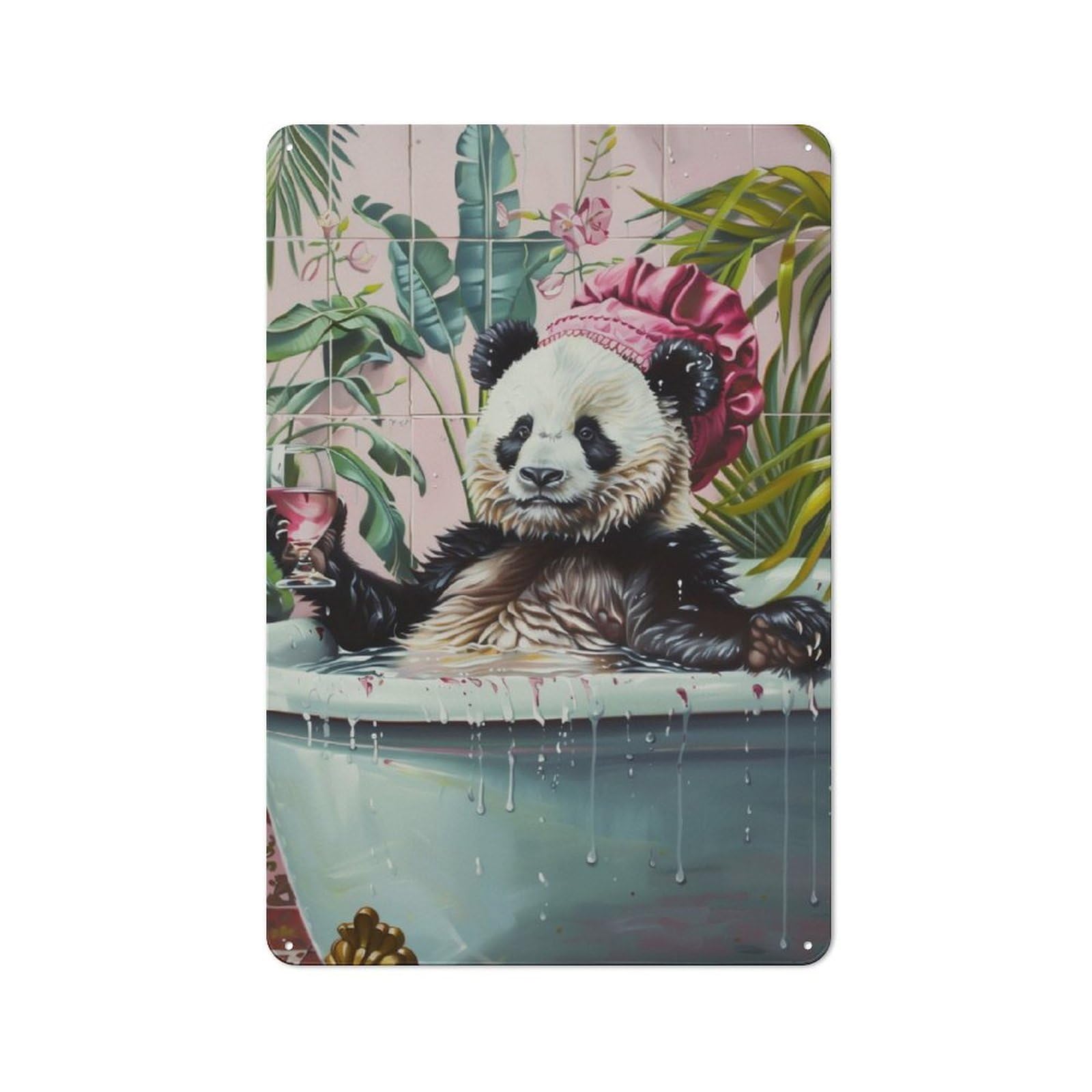 Junmoney Cute Panda Bath Wine Glass Industrial Tin Wall Sign 30X20cm Featuring Urban Room Decor For Workspace, Cafe, Hallway Or Garage