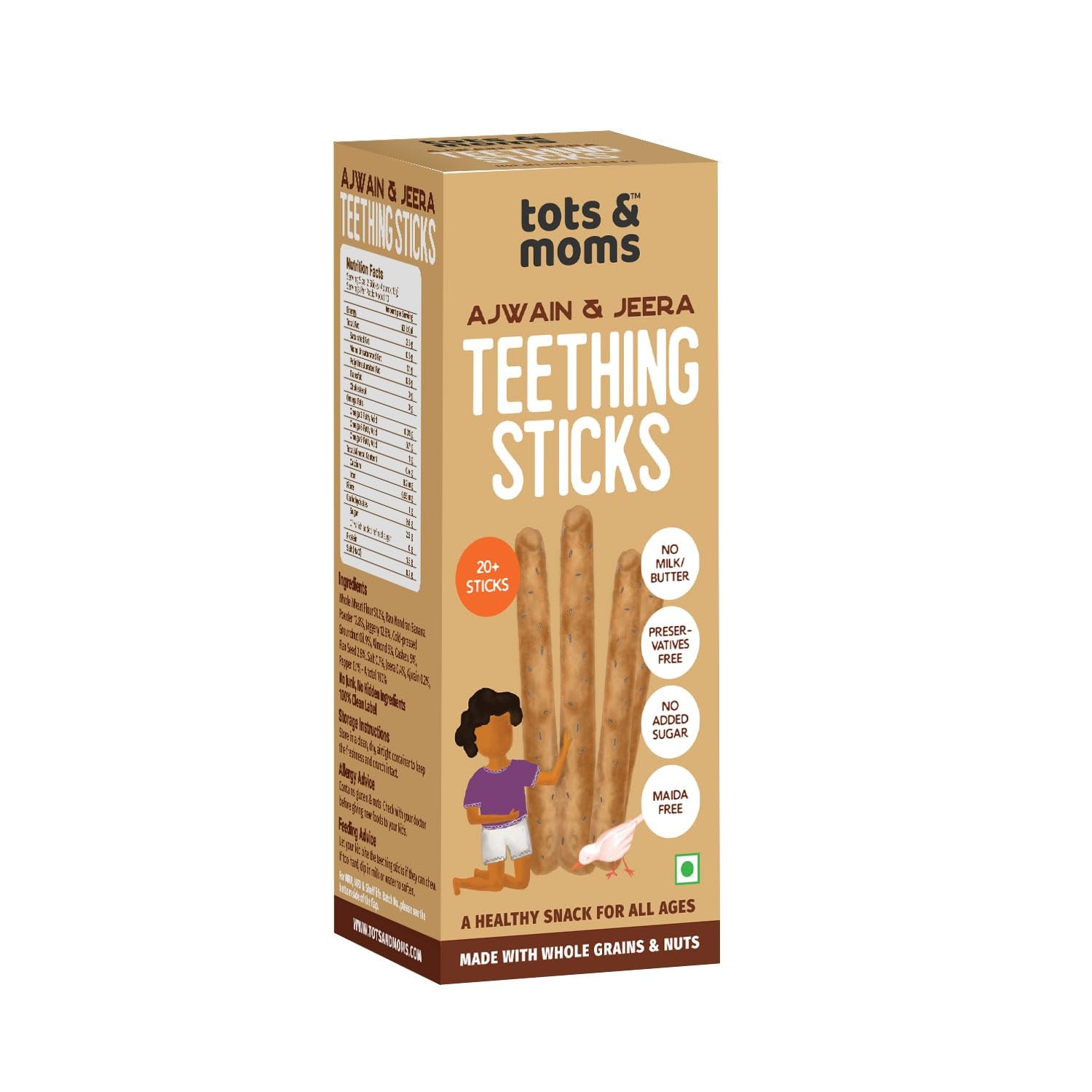 Tots and Moms Teething Sticks - Ajwain & Jeera with Dry Fruits, Nuts & Seeds for Soothing Gums, 150g | No Maida, No Sugar| Kid-Friendly Finger Food Lunch Box Snack