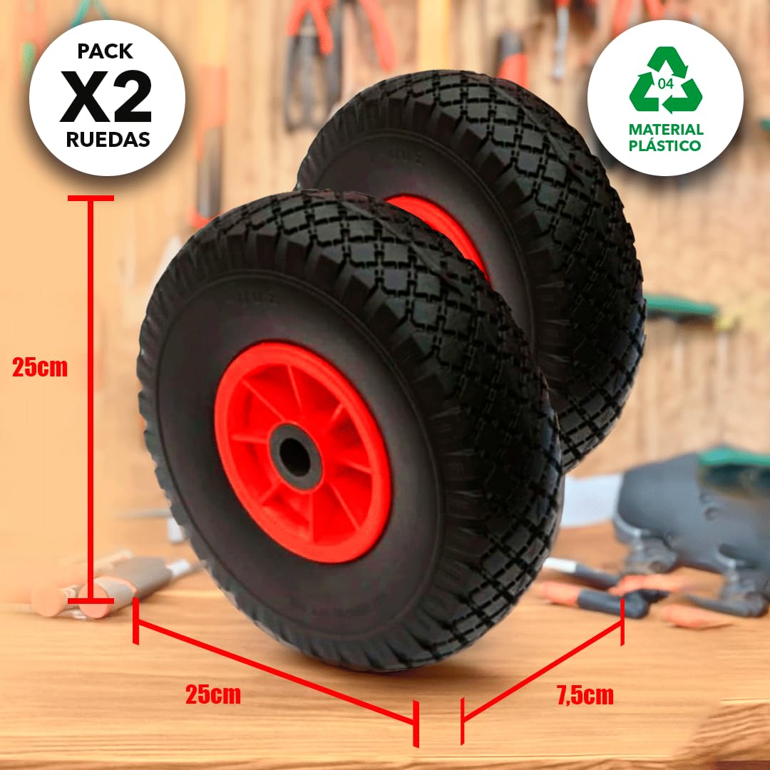 Rz Tools | Paquete De 2 Ruedas Antipinchazos | De 3.00-4 260 X 75 | con Rodamiento Metálicos | Suaves y Resistente | Ruedas para Carro Sólidas | Apta para Jardín, Taller Y Exterior | 2 Ruedas Macizas
