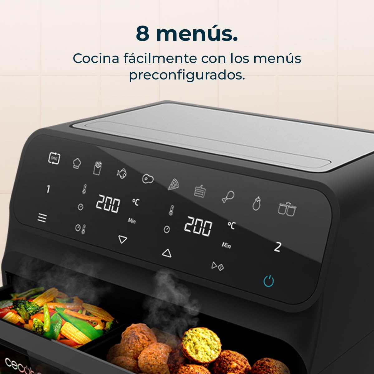 Cecotec Freidora de Aire 9 L Cecofry Advance 9000 Window Total 2200W | Temperatura Dual, Pared Divisoria Móvil, Ventana de Visualización, Tecnología PerfectCook, Control Digital, Función Dietética