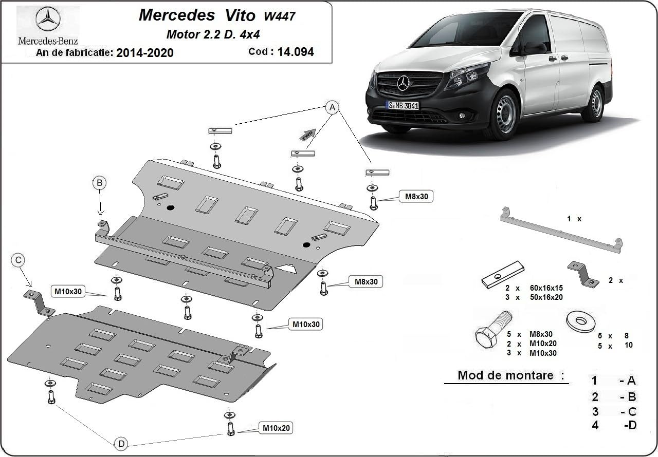Metallschutz unter dem Motor, kompatibel mit Mercedes Vito W447, 2.2 D, 4x4 – (2014-2020)