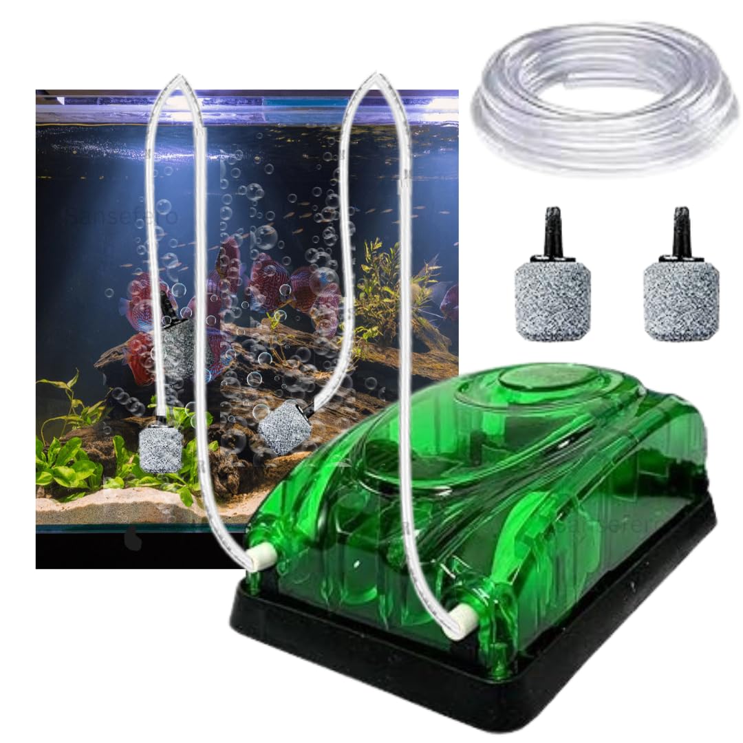 PREMIER PLANTS Aquarium Air Pump with 2 Air Stones and 3 metre Pipe & Silent Dual Outlet Fish Tank Aeration Device