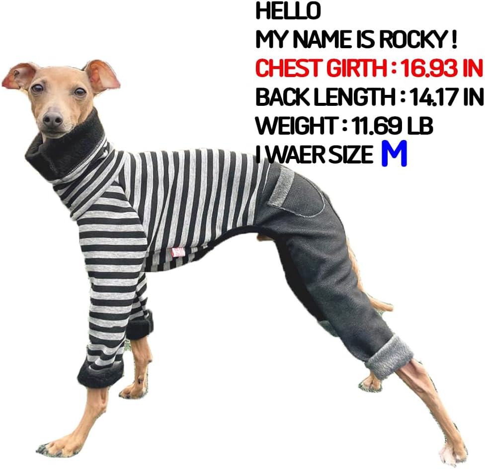 D Doggy Star Italian Greyhound Clothes Stripe Fleece Stretchable Denim Onesie Whippet for Dog Turtleneck Outfits Coat (M,Denim Black)