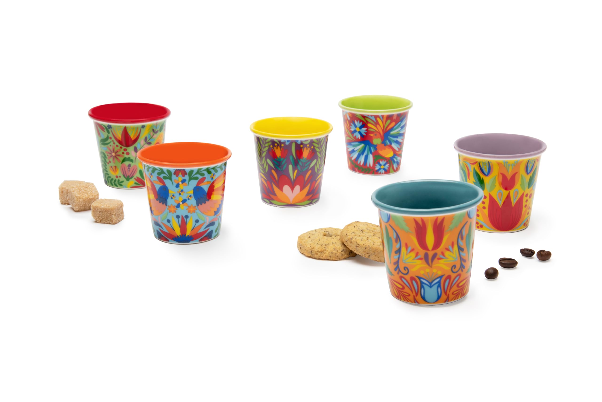 Excelsa Mexican Flowers Set 6 Bicchierini da Caffè, Porcellana, Capacità 90 ML., Decori Assortiti