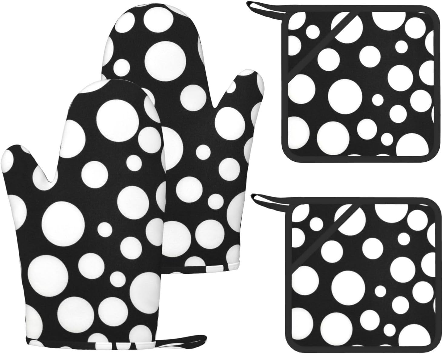 Black and White Polka Dot Oven Mitts and Pot Holders Set of 4 Heat Resistant Kitchen Gloves with Silicone Palm Hot Pads for Baking Cooking Grilling BBQ