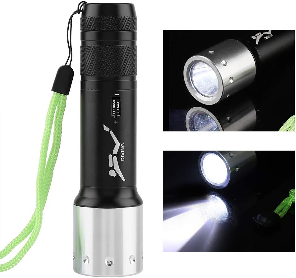Waterproof Diving Flashlight, Aluminum Alloy Portable Scuba Gear Dive Light Torch T6 Bulb with 3 Modes Adjustable for Underwater