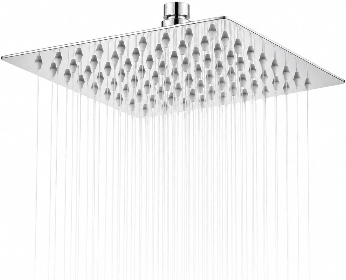 SIEYESCITY 8 Inch Stainless Steel Rainfall Shower Head, High Pressure Fixed Rain Shower Head, Square Overhead Waterfall Showerhead with Universal G1/2 Fitting - Chrome Silver