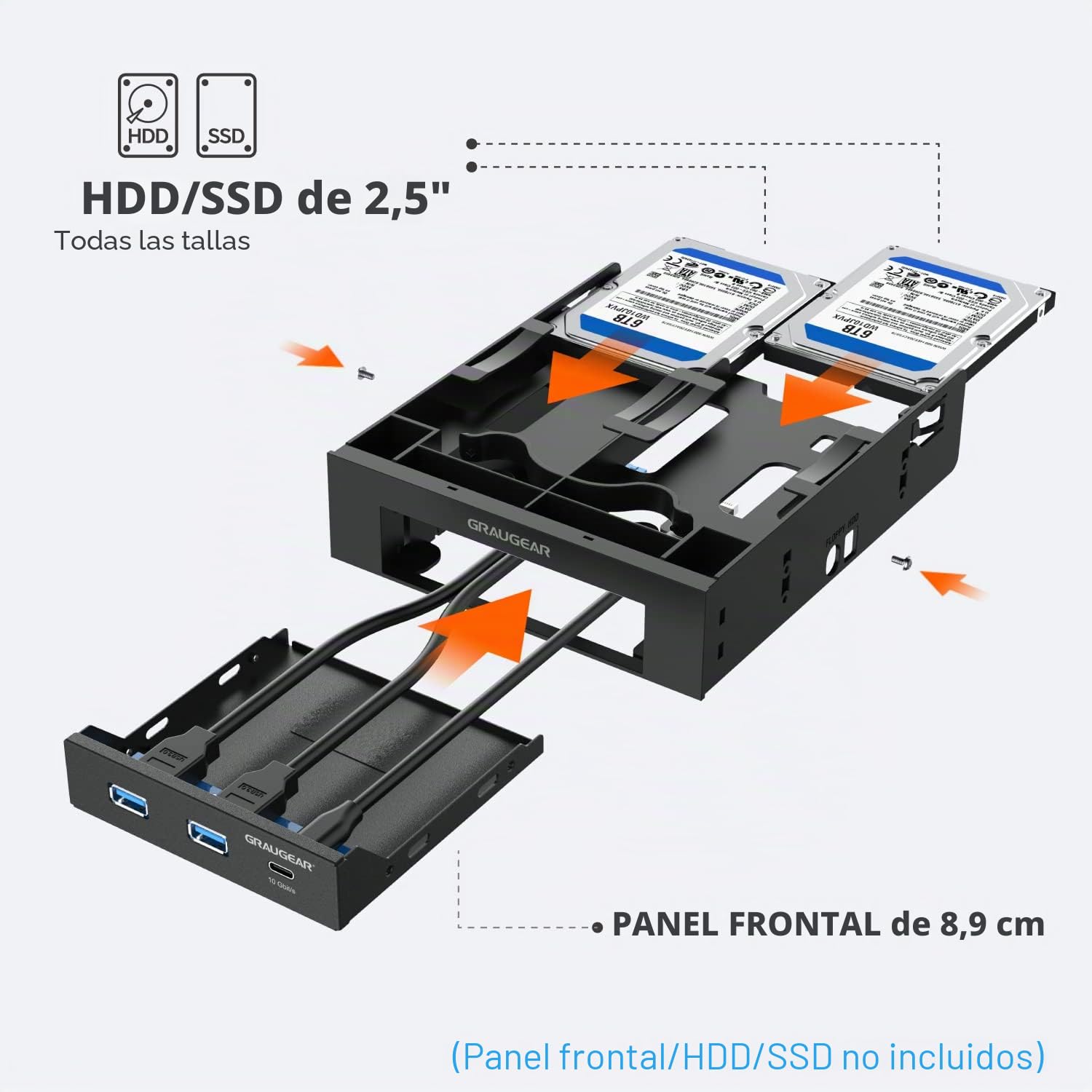 GRAUGEAR Marco de montaje para 2 unidades HDD/SSD de 2,5 pulgadas y 1 unidad de disco duro de 3,5 pulgadas en bahía de 5,25 pulgadas, panel frontal de 5,25 pulgadas, G-CV-235T525