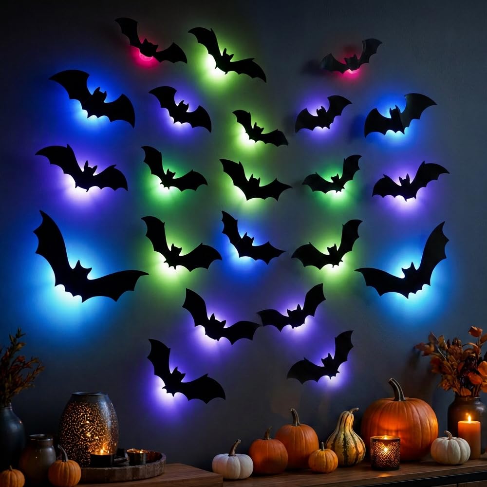 24Pcs Halloween 3D Lighted Bats Wall Decor, 3D Lighted Flashing Bats (24PCS)