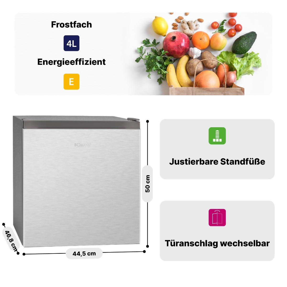 Bomann Mini Kühlschrank 45L mit Gefrierfach leise KB 7245 inox Türanschlag wechselbar