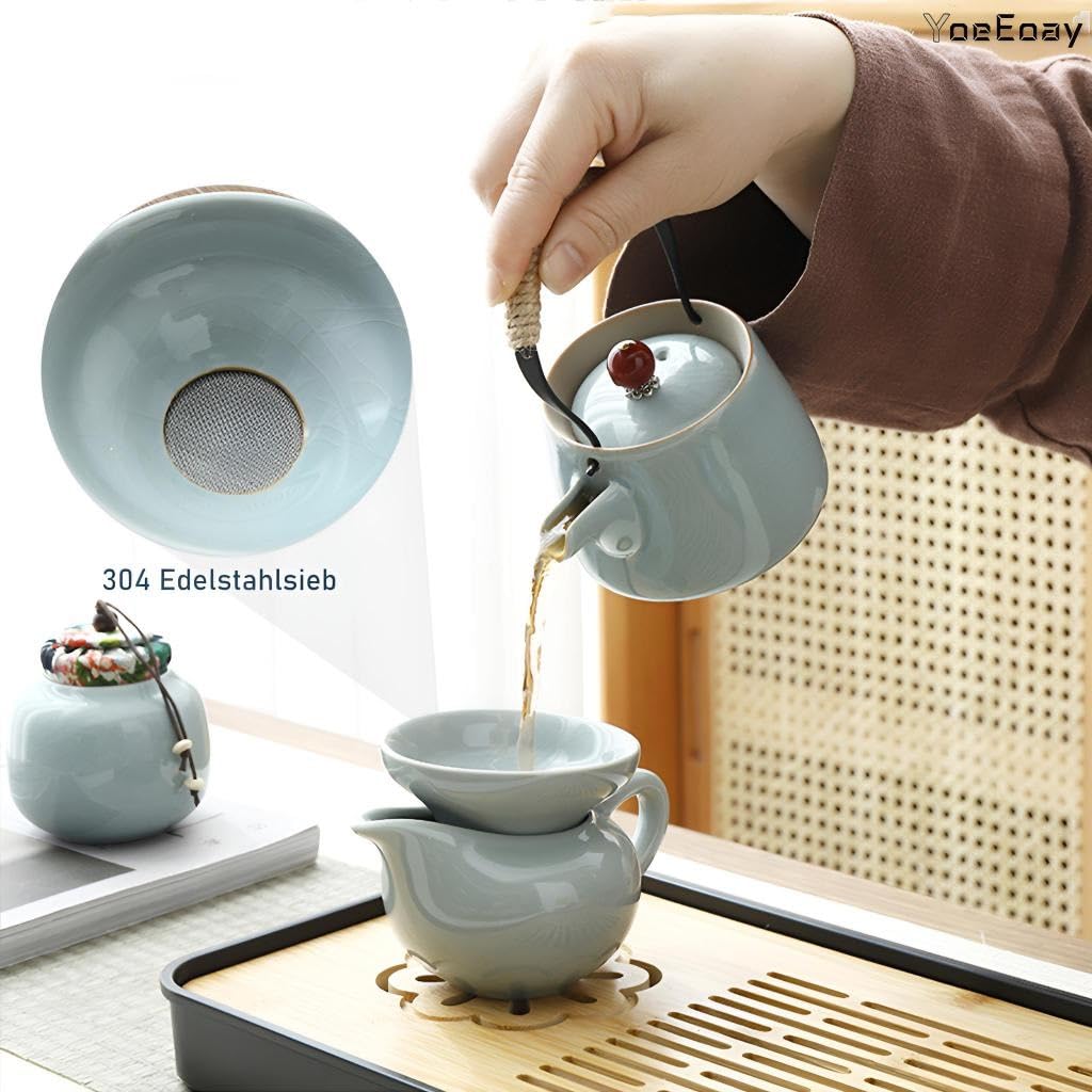 Hochwertiges Keramik Gongfu-Teeservice - 13-teiliges Tragbares Tee Set Für Erwachsene,mit Grauem Lederetui,perfekt Für Zuhause,Outdoor Und Geschäft,Chinesisches Porzellan-Teeservice