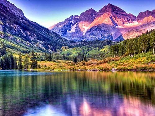 Maroon Bells Lake at Sunrise, Colorado Paintiing - On Canvas Modern Wall Art Pictures For Home Decoration Wooden Framed (12X16 Inch, Framed)