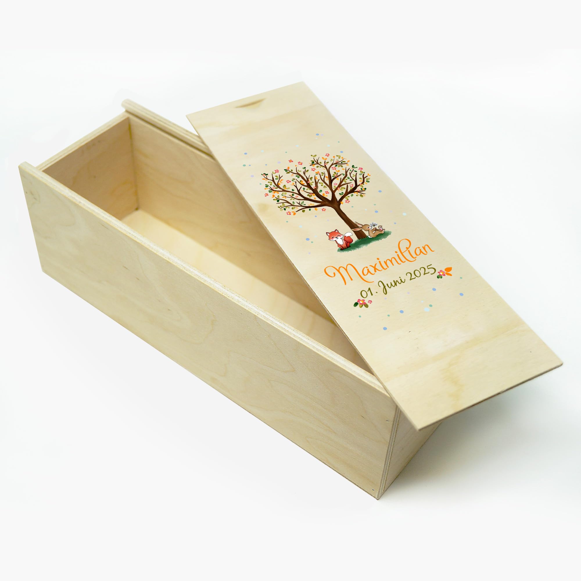 Wandtattoo Loft Taufkerze Junge Motiv Baum mit Hase und Fuchs, 25cm x 7cm, personalisierte Kerze, bedruckte Kerze zur Taufe, Stumpenkerze, individuelles Taufgeschenk