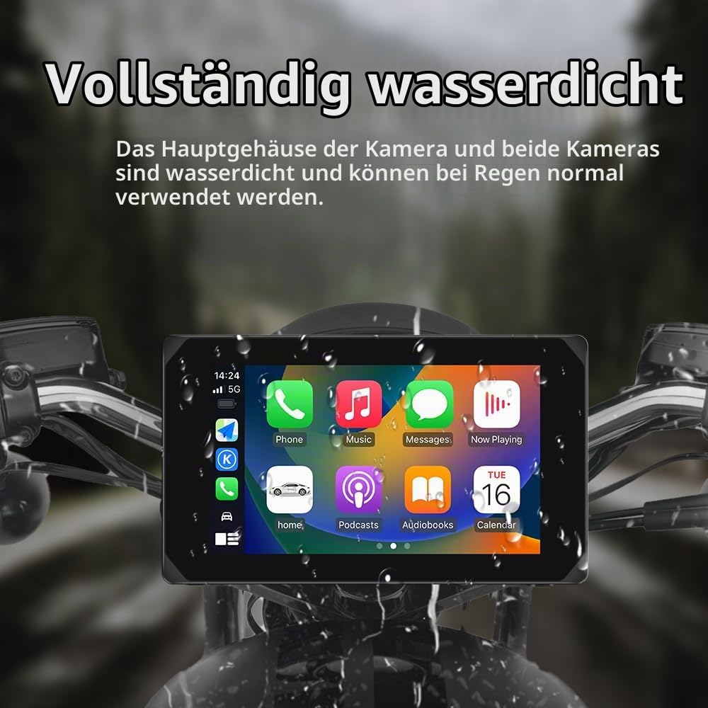 VSYSTO Motorrad Carplay Bildschirm, Kabelloses Carplay und Android Auto mit Dashcam Vorne Hinten 1080P für Moto, 5 Zoll Wasserdichter Touchscreen mit GPS Navigation, BT Audio, Siri Assistant, TPMS