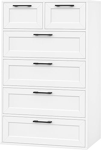 Miniatura 8 de Cómoda blanca de 6 cajones, cómoda blanca alta con gran espacio de almacenamiento, cómoda de almacenamiento de madera moderna, para sala de estar,