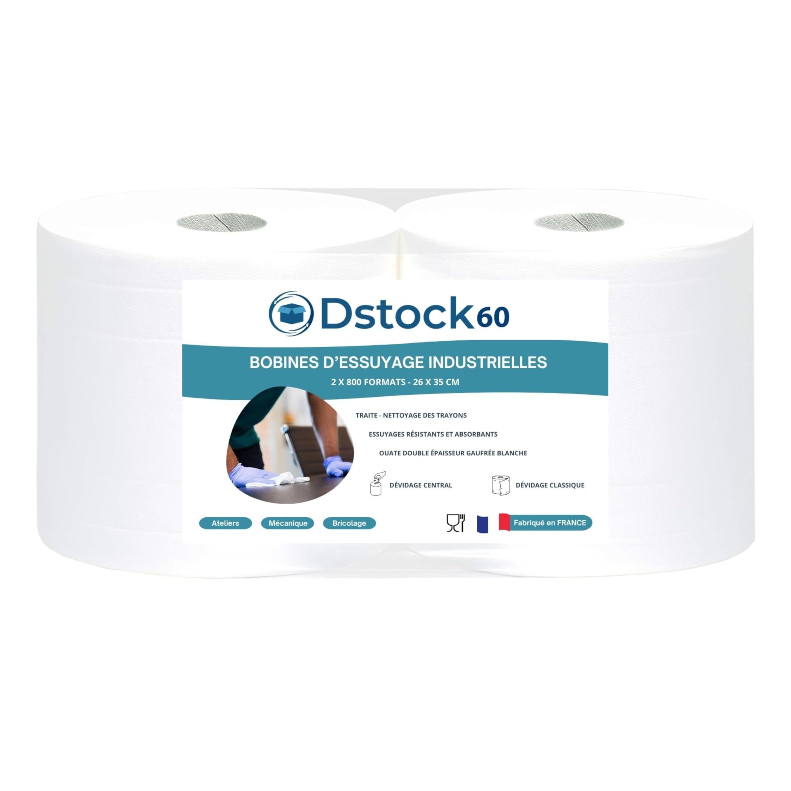 DSTOCK60 - Lot de 2 bobines d’essuyage industrielles blanches - 800 formats prédécoupés - 26 x 35 cm- pure ouate gaufrée