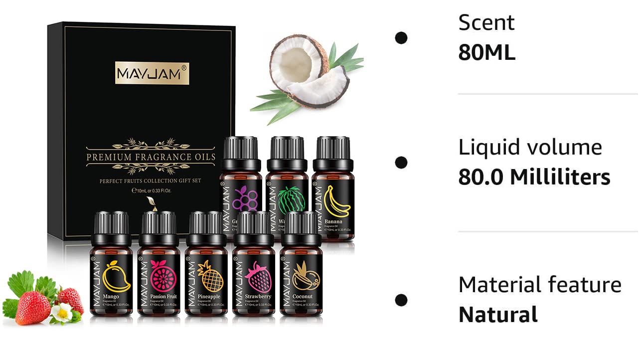 MAYJAM Set Olio Essenziale Di Frutta 8 X 10ml, Per Oli Essenziali Di Frutta Diffusa - Mango, Frutto Della Passione, Fragola, Anguria, Cocco, Ananas, Banana, Uva
