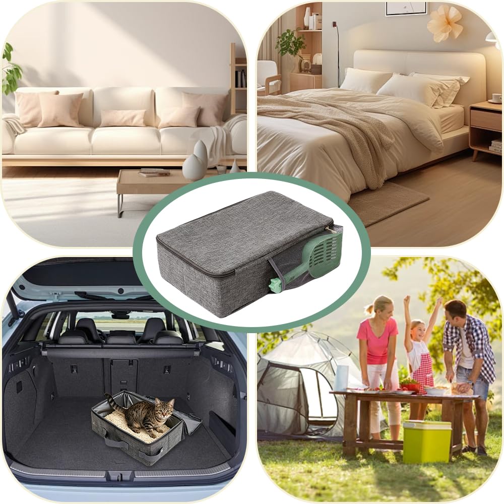 Lettiera da Viaggio per Gatti 40 X 30 X 15 CM,Lettiera Portatile Gatto con Pala, Zip e Coperchio,Toilette per Gatti Pieghevole,Cat Litter Box per Campeggio, Casa, Gite - Grigio chiaro