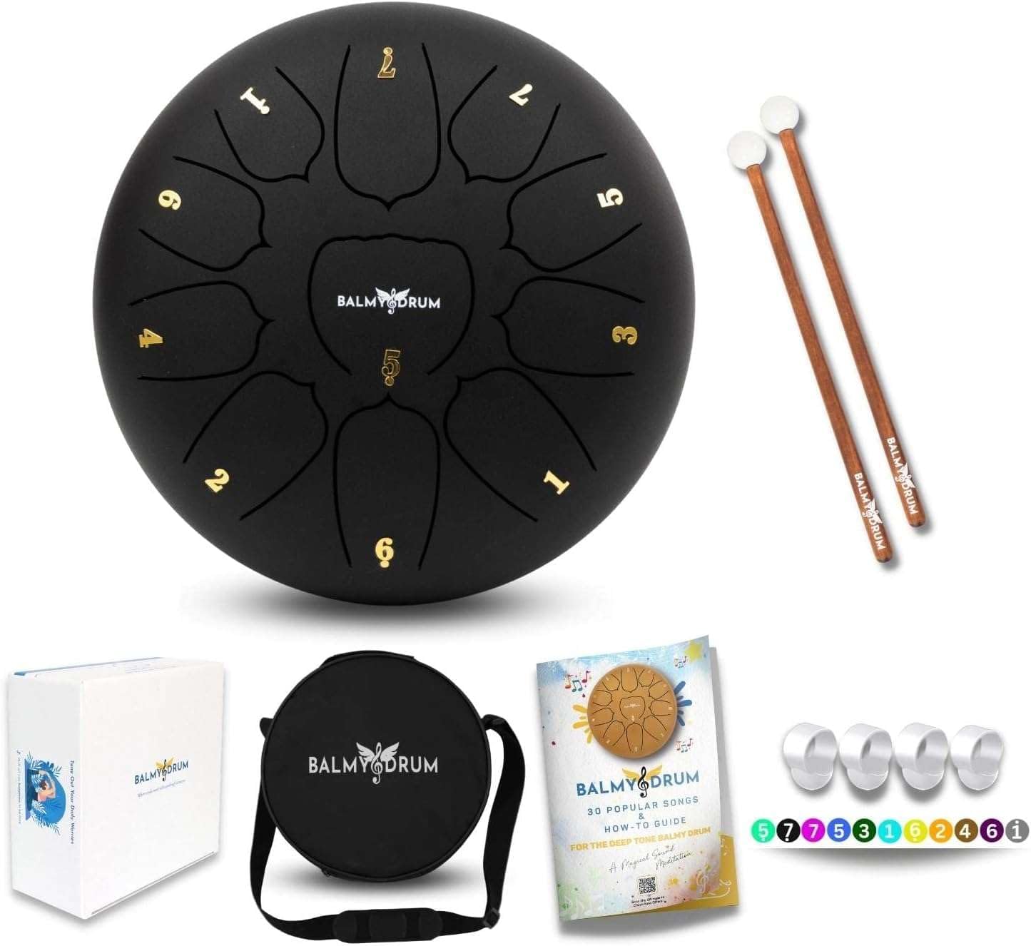 The Balmy Drum - Steel Tongue Rain Drum Outside 11 Note 10 Inch (White) - Chakra Drum for Rain Outdoor, Steel Drums for Adults, Tongue Drums Set with Music Book, Hand pan, Mallet and Carry Bag