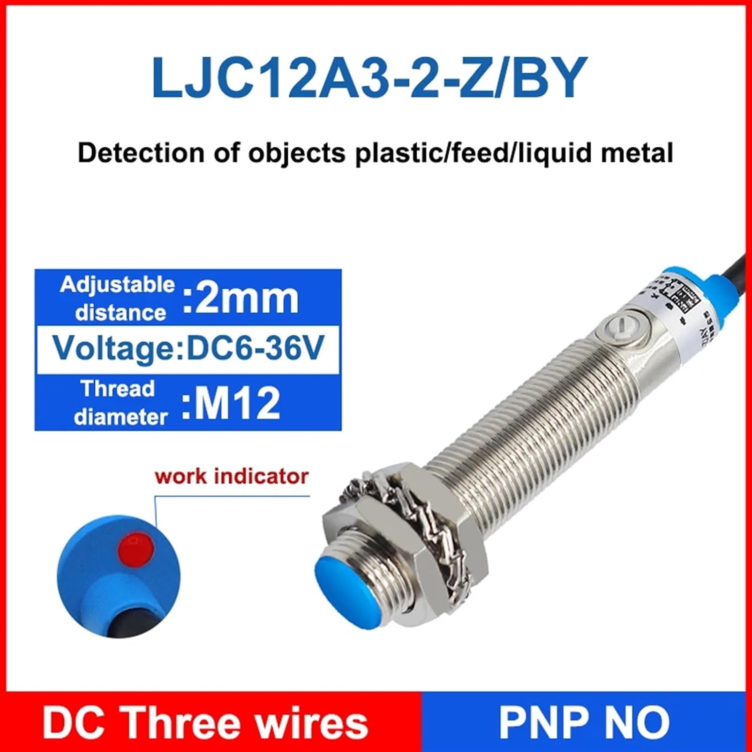 LJC12A3 DC 6-36V M12 Three-wire NPN PNP NO NC 5mm Sensing Distance Capacitive Proximity Switch Sensor (Color : 2MM DC PNP NO)