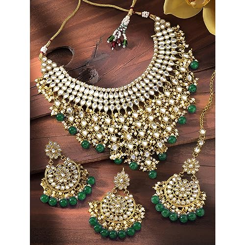 Image of Peora Kundan & Beads Studded Necklace Earrings & Maangtikka Set Ethnic Jewellery for Women & Girls