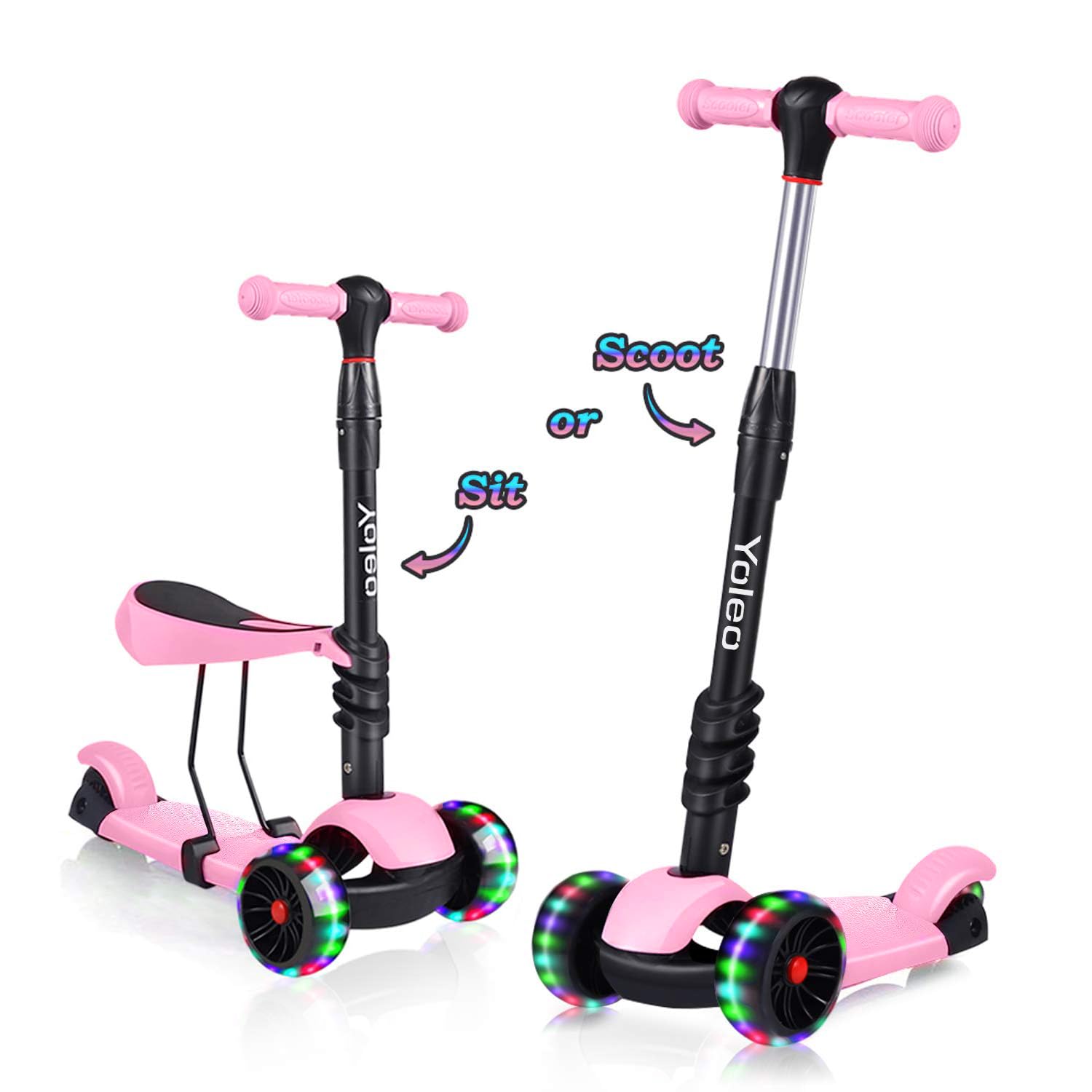 YOLEO 3-in-1 Kinder Roller Scooter mit Abnehmbarem Sitz, PU Räder, Höheverstellbare Lenker für Kleinkinder Jungen Mädchen ab 2 Jahre