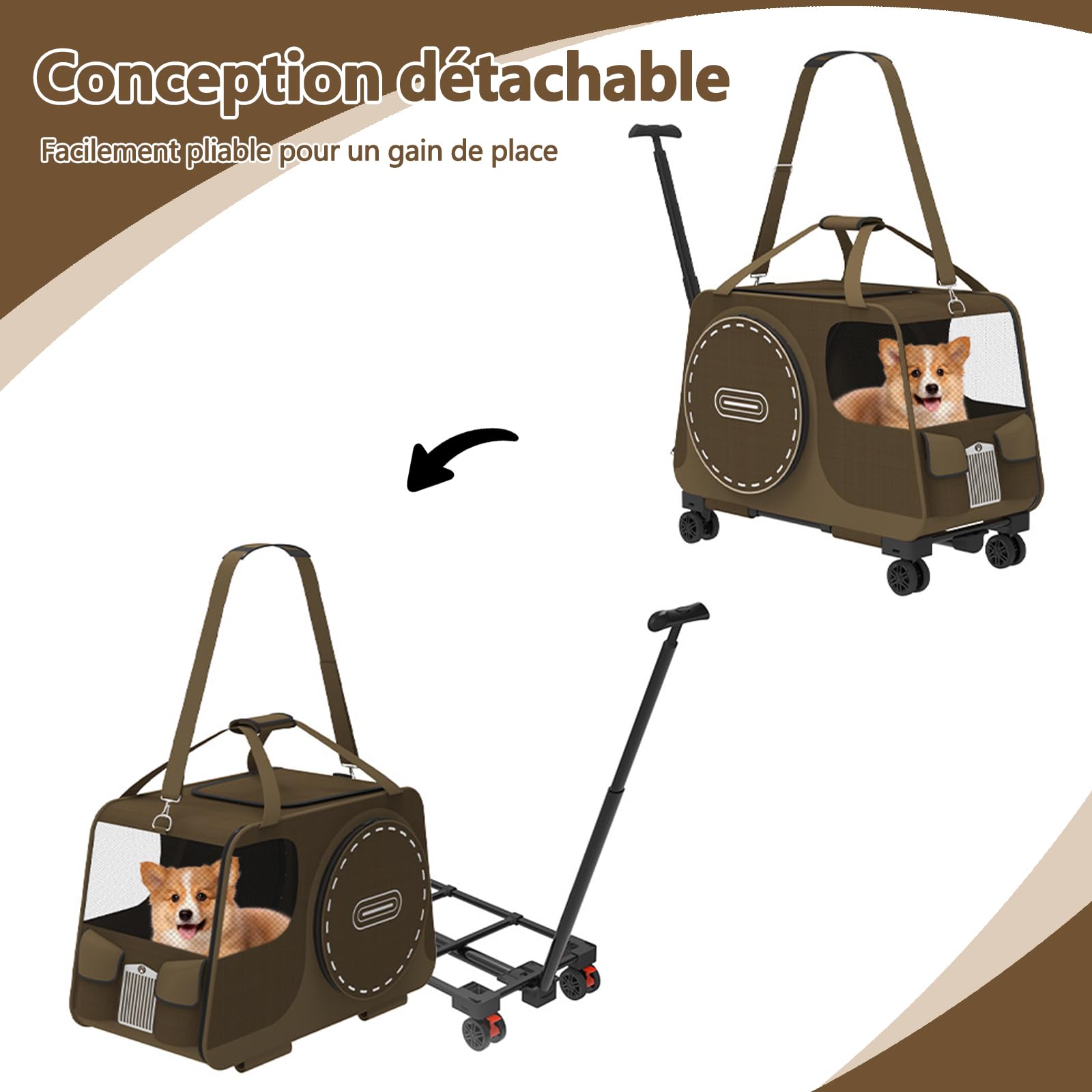 Galatée Poussette pour Animaux, Sac De Voyage pour Chien avec roulettes Amovibles, Sac pour Chat avec Fenêtres d'Aération en Filet, Sac pour Chien Pliable pour Le Camping en Plein Air(Brun)