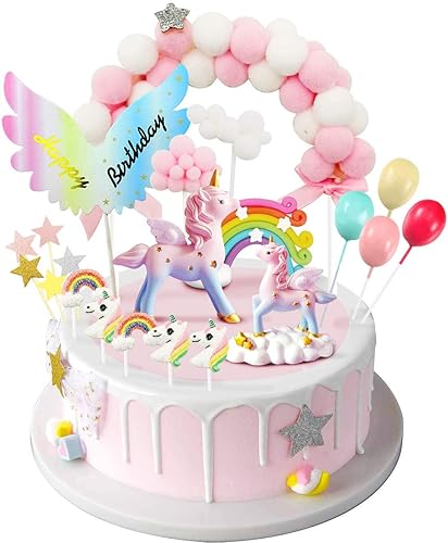 MOVINPE Decoración para pastel de unicornio, escultura de unicornios mágicos, arco de bola de pelo rosa, arco iris, alas, pancarta de cumpleaños,