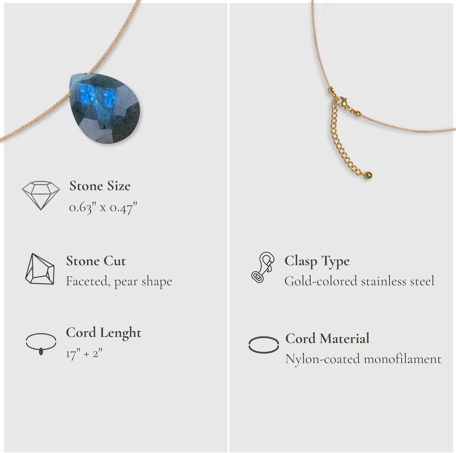 Sol N Touch Emotions N Touch Series - Natural Gemstone Necklaces for Women - Pear Cut Faceted Cute Necklaces Gifts for Women & Teens - 17"-19" long Nylon-coated Monofilament 0.03" thick Cord - Image 3