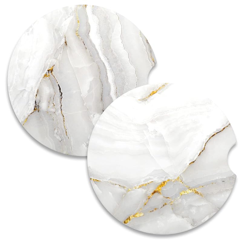Porta-copos automotivo de cerâmica marmorizada branco e dourado Nipichsha, kit com 2 peças