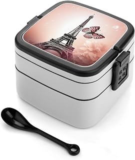 Paris And Butterfly Bento Lunch Box for Adults 2 Layers | 1000ml Stackable Bento Box with Spoon, Divider & Handle, BPA-Free, Leak-Proof Lunch Containers for Office Picnic Camping