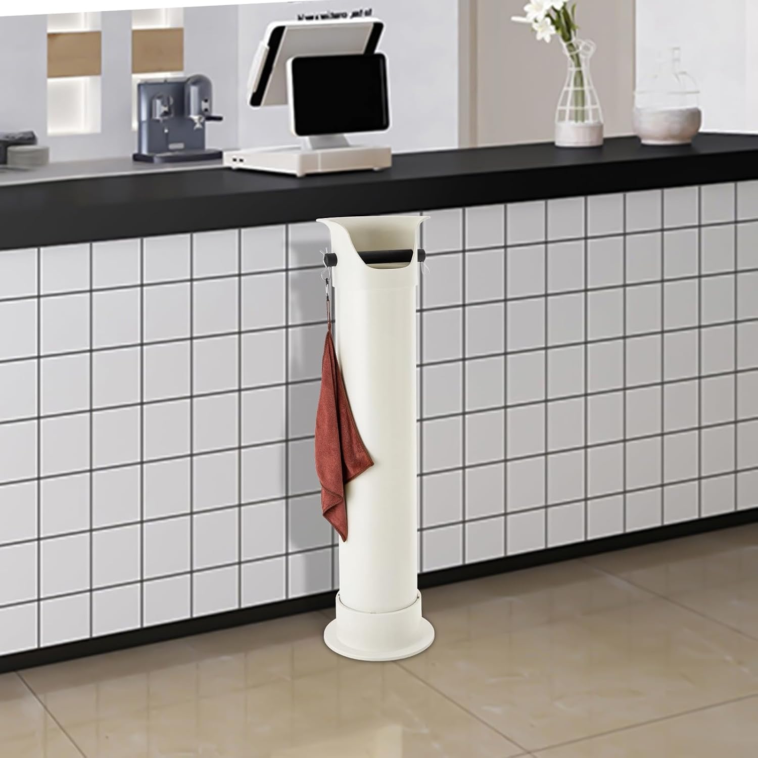 Knock Box for Coffee Grounds,Commercial Floor Standing Knockbox w/Removable Base,Coffee Knock Box,Coffee Grind Collection Dump Bin,Grounds Bucket w/Garbage Bags and Towels for Kitchen,Office (White)