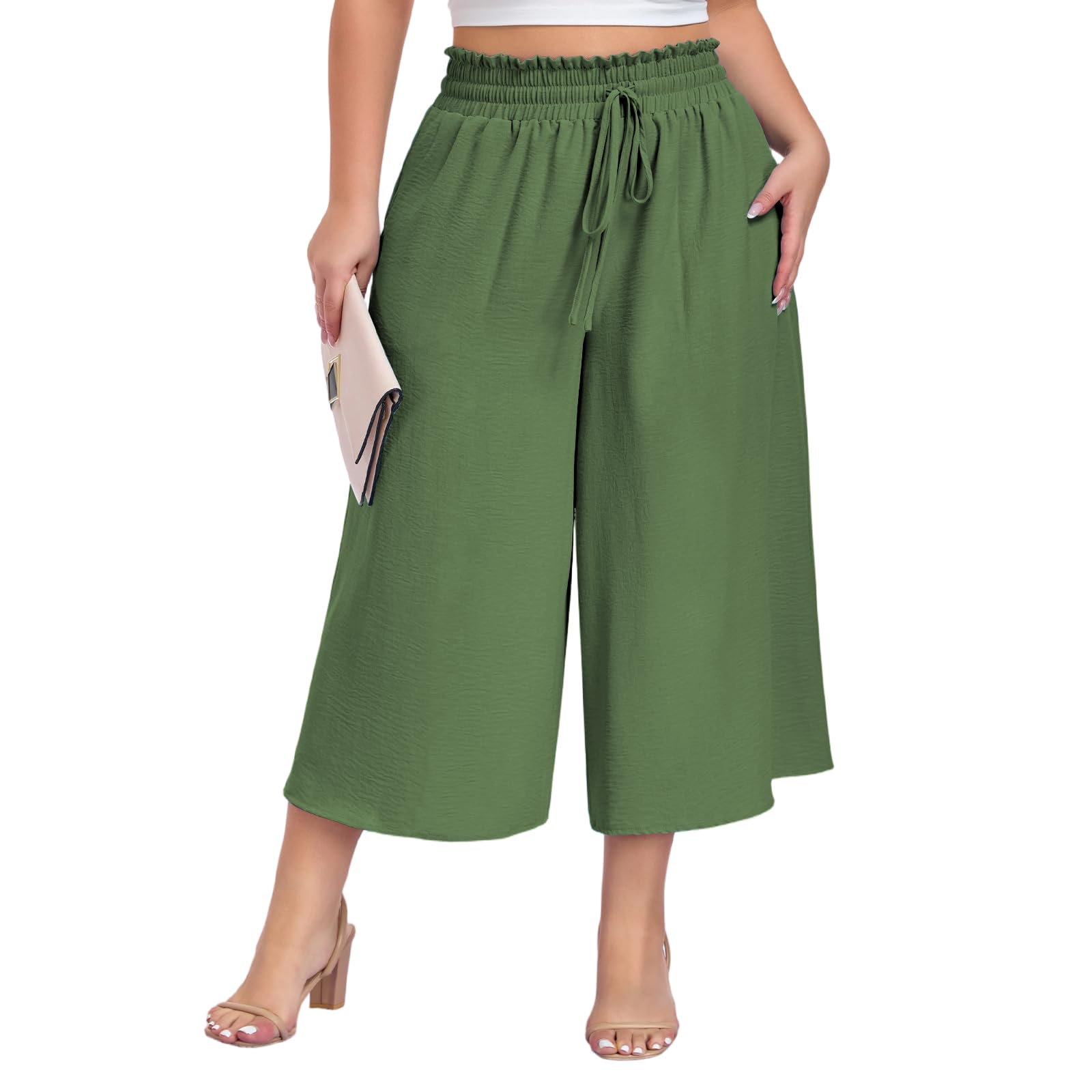 Moon Wood 3/4 Sommerhose Damen Leicht Hohe Taille Culotte Palazzo Hose Freizeit Lässig Weitem Bein Caprihose mit Taschen Große Größen
