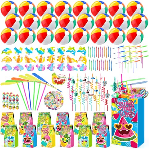 194 PCS Pool Party Favors Beach Party Favors, Summer Party Favors for Kids 3-8 8-12, Beach Balls, Hand Flying Helicopter, Pool Party Supplies for Birthday Party Favors, End of Year Student Gifts