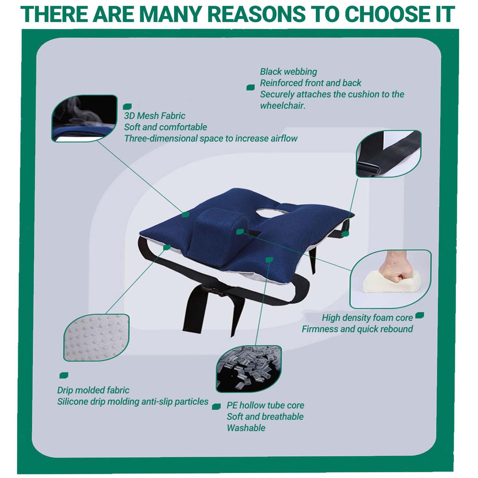 Cojín para silla de ruedas, diseño antideslizante, limitador ajustable, prevención de úlceras, alivio de presión, mayor comodidad y estabilidad