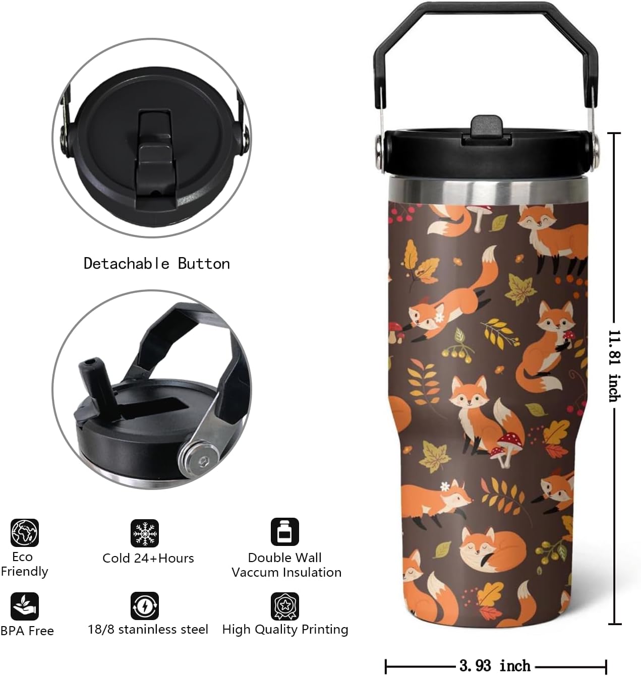 30 oz Fox Flip Tumbler with Straw and Lid, Travel Mug Cup for Hot and Cold Drinks for Fox Lovers - Image 2